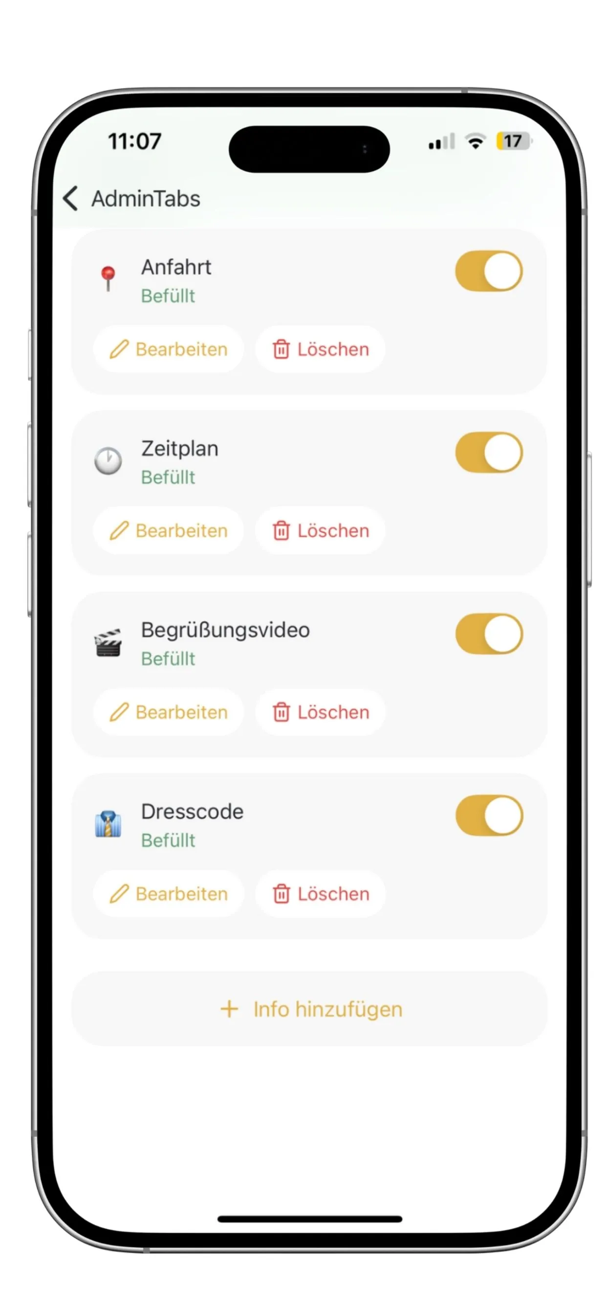 MyTOM App AdminTabs – Anfahrt, Zeitplan, Begrüßungsvideo und Dresscode verwalten