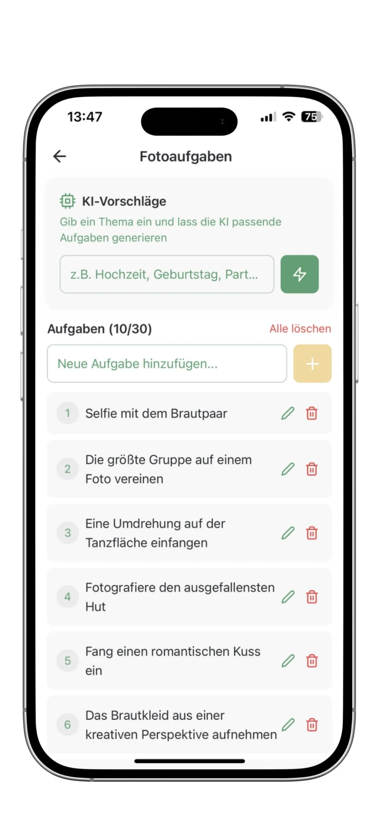MyTOM App KI-Fotoaufgaben – KI erstellt automatisch Fotoaufgaben für Hochzeiten und Events